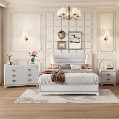 3-teiliges Schlafzimmerset Queen-Size Polsterbett mit LED-Beleuchtung, Nachttischen, 3-teiliges Schlafzimmermöbel-Set aus Holz, Weiß