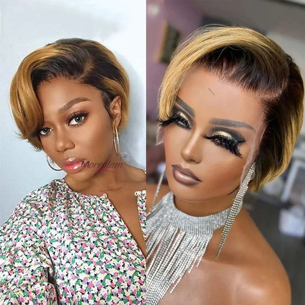 Kurze Bob Perücke Pixie Cut Perücke Glatte Echthaarperücken 13x4 Transparente Lace Front Perücke Für Frauen Highlight Glatte Pixie Cut Perücke