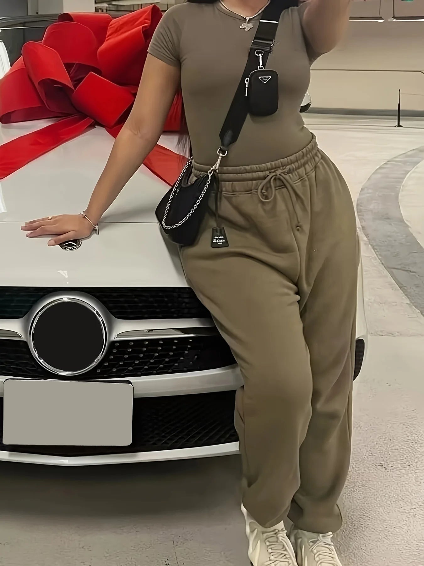 Two Piece Versatile Solid Color Sports And Leisure Set, Women's Cotton Slim Fit T-shirt Paired With Loose Jogging Pants