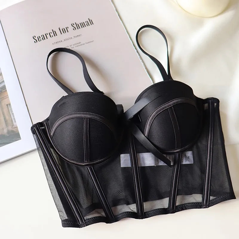 French Ladies Transparent Mesh Corset Sexy Shaper Thin Bra Set Night Club Sweet Cropped Top Girls Hot Bra and Panties Bralette