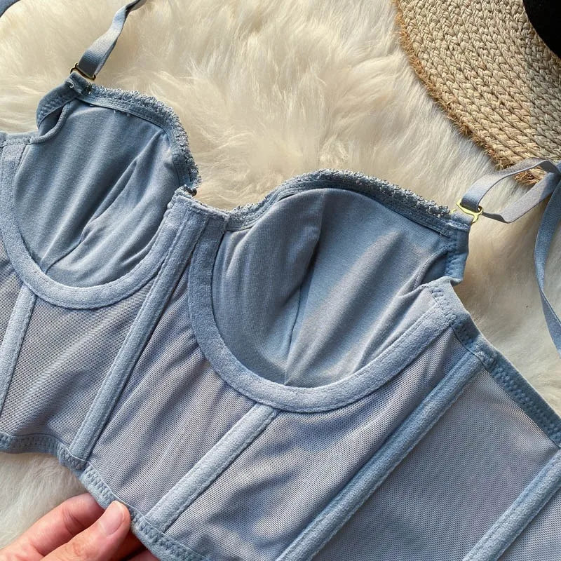 French Ladies Transparent Mesh Corset Sexy Shaper Thin Bra Set Night Club Sweet Cropped Top Girls Hot Bra and Panties Bralette