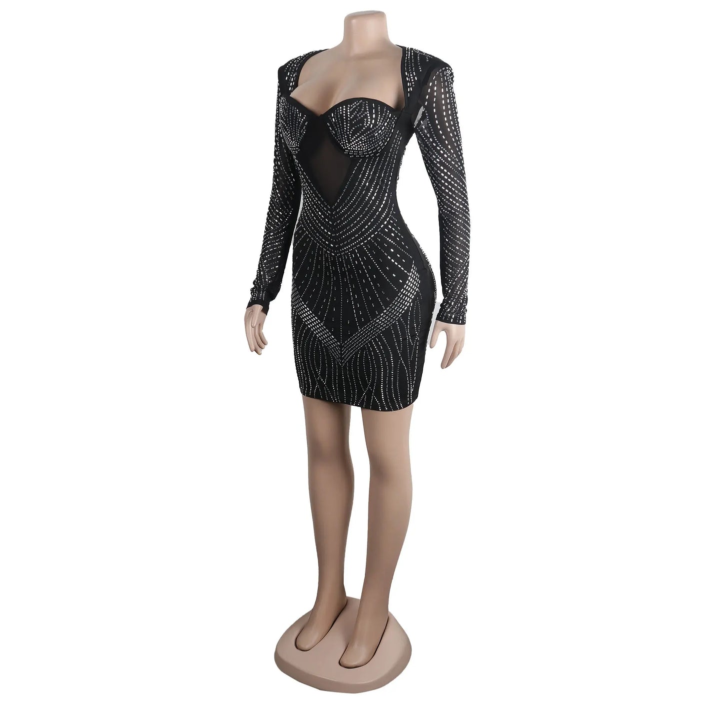 Damen sexy durchsichtiges Mesh-Strass-Dekor Langarm Skinny Partykleid