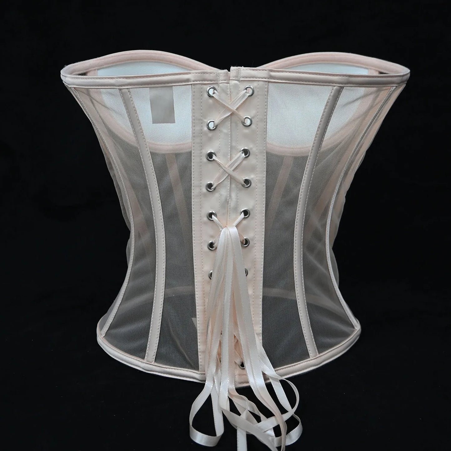 Women Mesh Corset Bustier With Cups Overbust Tight Shaping Tops Strapless Transparent Bodice Slimm Waist Wedding Lace Up Boned
