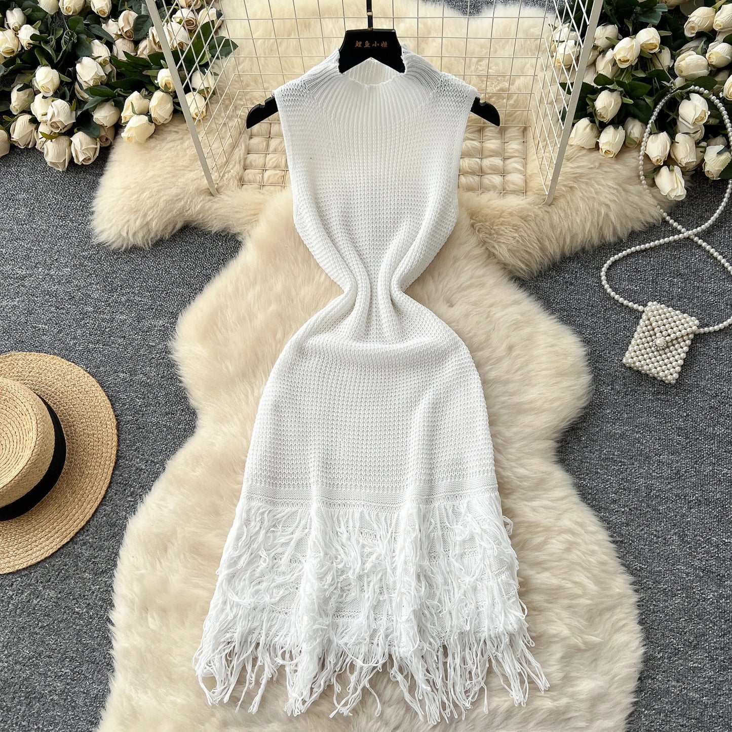 Chic Elastic Knit tassel O Neck Women Elegant Korean Fashion Vestidos Summer A-line Wrap mini dress