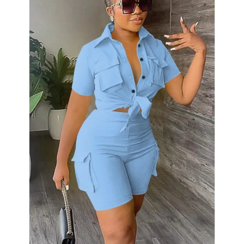 Women Two Piece Shorts Set Outifit Summer Fashion Solid Turn-Down Collar Short Sleeve Shirts Top & Casual Pocket Streetwear Sets