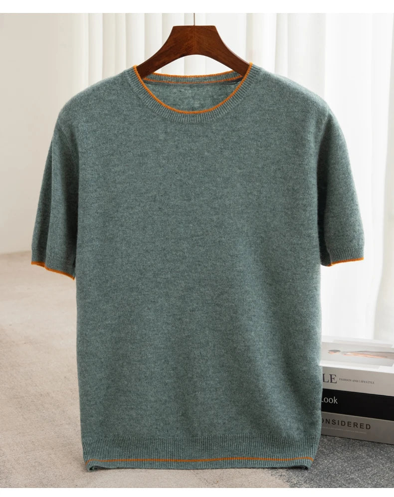 Men's T-shirt 2024 Summer New Knitted Tank Top Fashion Color Block Round Neck Pullover Sweater 100% Pure Wool Short sleeved