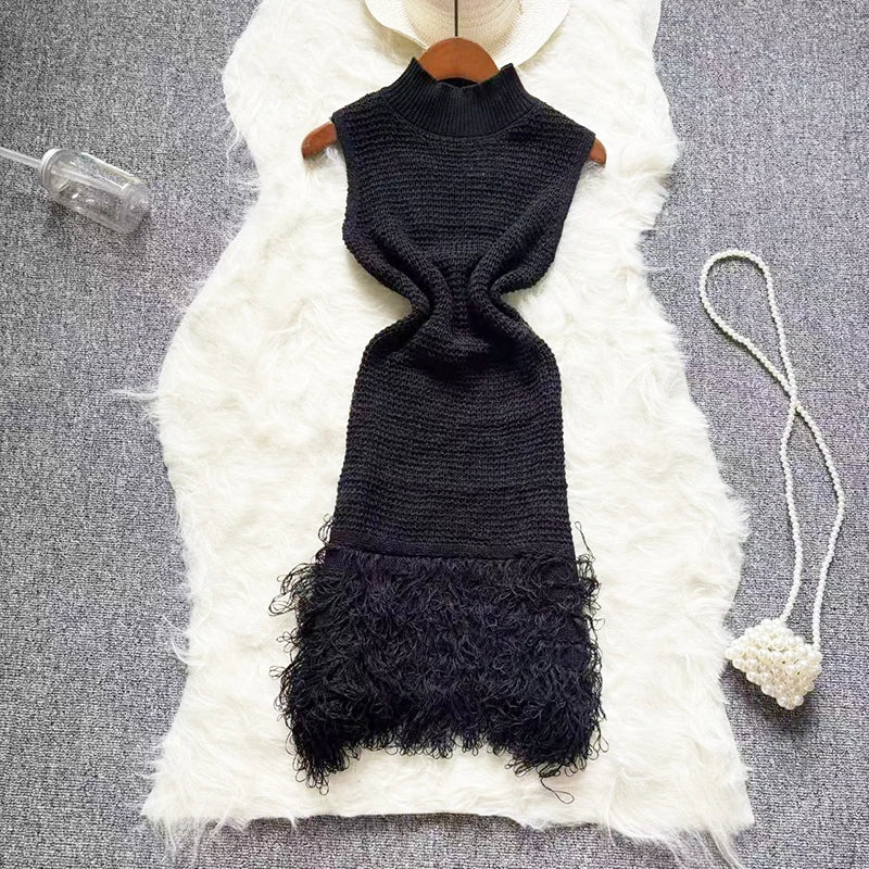Fashion Tassel Knitted Short Sundress Women Sleeveless Stand Neck Elastic Bodycon Dress Beach Streetwear Bodycon Mini Dress
