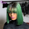 180 Density Forest Green with Roots Short Straight Bob Wig Transparent 13x4 Lace Frontal Bob Human Hair Wig with Bangs Pre Pluck