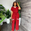 Elegant Women's Casual Short Sleeve T-shirt Sports Suit Summer Fashion Solid V Neck Short Top & Straight Pants Two Piece Sets