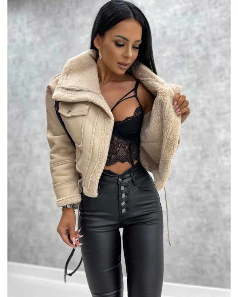 Faux Leather Jackets Women PU Short Thick Warm Black Outwear Female Aviator Retro Lapel Velvet Coat 2023 New Winter Woman Tops