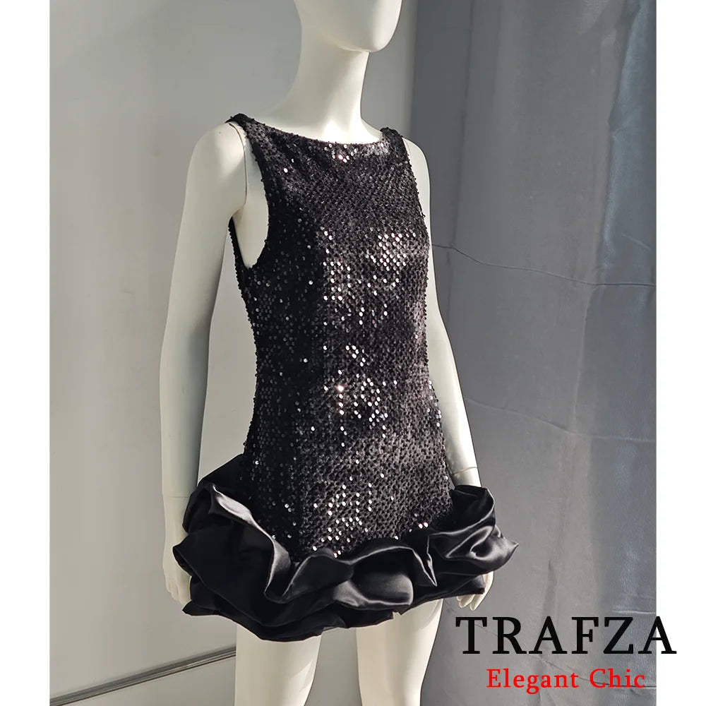 TRAFZA Sexy Solid White Flower Bud Tierred Red Mini Dress Safety Pants Women Dress New 2025 Spring Autumn Fashion Party Dress
