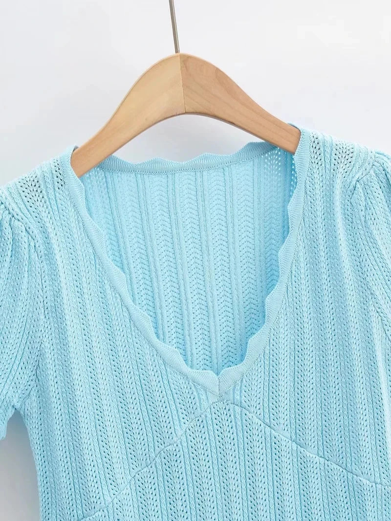 Damen V-Ausschnitt gestricktes Häkel-T-Shirt mit