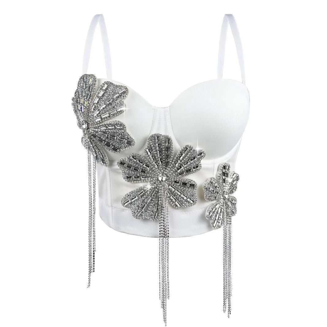 3Colors Women Fashion Diamonds Embroidery Flowers Tassel Bustier Corset Crop Tops To Wear Out Evening Club Party Camisoles Top