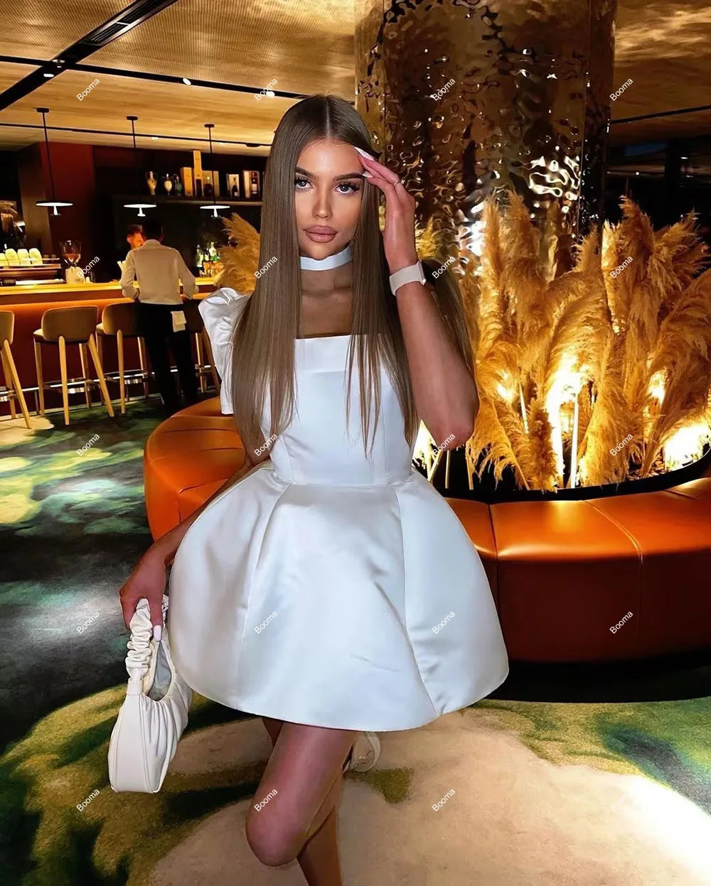Booma Short Wedding Party Dresses Short Puff Sleeves A-Line Brides Prom Dress for Women Above Knee Bridals Gown Customized
