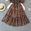 2024 Neues Sommer Blumenmuster Maxikleid Damen Vintage Eckiger Ausschnitt Geraffte Brust Schärpe Bandage Sommerkleid Partykleid