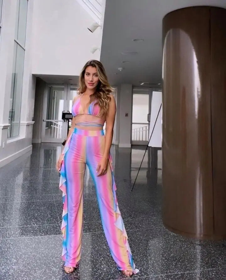 Bra+tassel Pants Suit  2 Piece Set Women Hot Pink Swimsuit Mesh Bathing Suit Sexy Matching Swimwear Viquinis Mujer 2022
