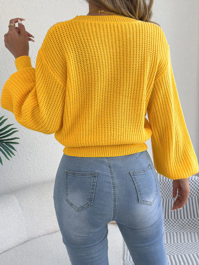 Women's Solid Color Round Neck Lantern Long Sleeve Knitted Sweaters for 2026 Autumn Winter Woman Clothes Yellow Red Khaki Tops