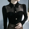 Black Vintage Doll Collar Polka Dot Gold Velvet Top Women's Autumn and Winter Gauze Splicing Perspective Sexy T-shirt