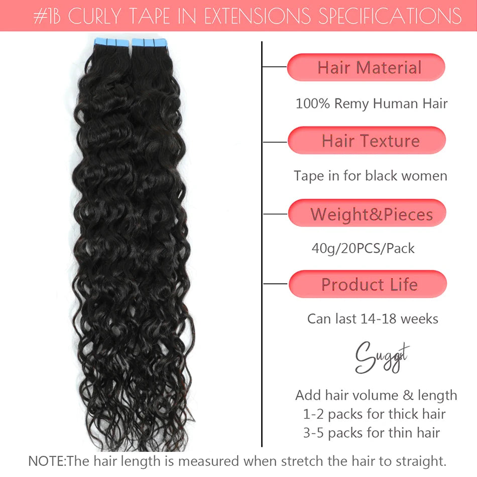 Tape In Hair Extensions Water Wave Real Human Hair 2# Dark Brown Natural Cural Tape On Hair Ectensions Skin Weft Hairpiece 2G/Pc