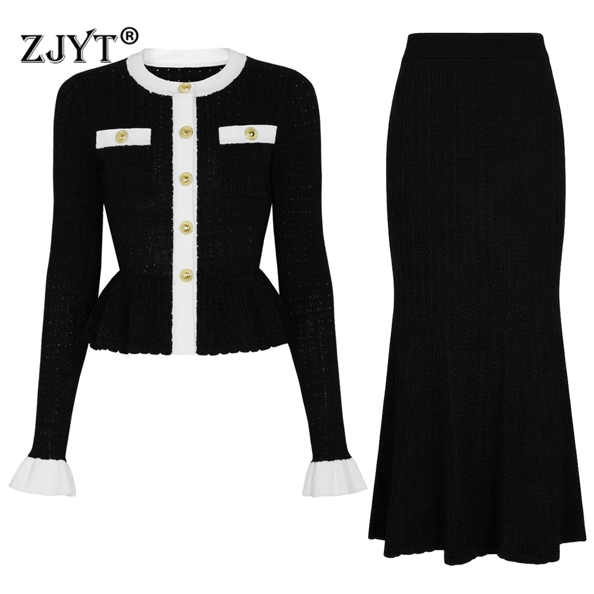 ZJYT Women's Knitted Dress Set 2 Piece Spring New Flare Sleeve Sweater and Long Skirt Suit Elegant Female Party Outfit Blue 2026