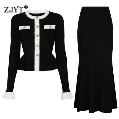 ZJYT Women's Knitted Dress Set 2 Piece Spring New Flare Sleeve Sweater and Long Skirt Suit Elegant Female Party Outfit Blue 2026