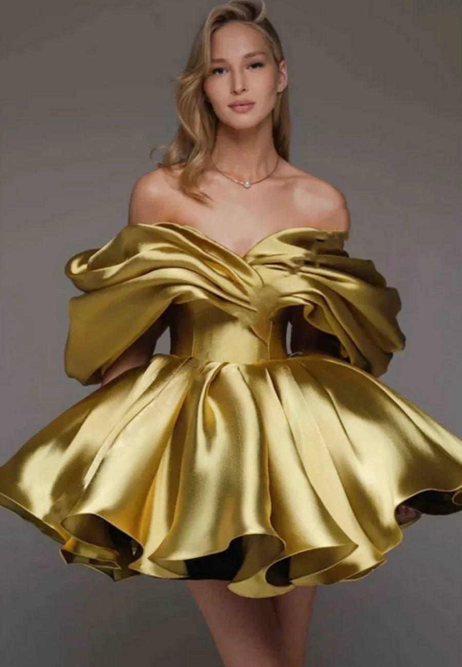 Luxury A-line Formal Occasion Party Dresses Satin Vestido Off the Shoulder Evening Prom Gowns Draped Corset Back Mini