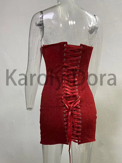Sexy Strapless Bright Silk Lace-up Mini Dress Women Red Black Sleeveless Backelss Bodycon Dresses Evening Party Cocktail Gowns