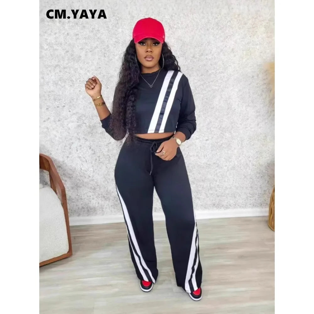 CM.YAYA Fashion Striped Splicing Women's Set Long Sleeve Sweatshirt and Sweat Pants Tracksuit 2024 Winter Two 2 Piece Set Outfit