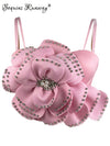 Sexy pink white flower corset crop top women clothing summer body cropped beading bra club party tops woman 2026 halter tank top