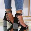 Glänzende goldene Strasssteine Chunky Heels Sandalen Damen Sexy Kreuz Knöchelriemen Silber High Heels Sommer Party Kleiderschuhe Damen Pumps