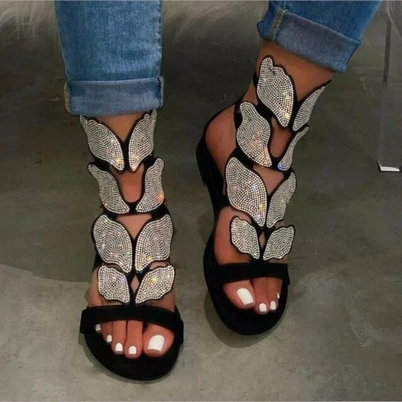 2022 Sommer Mode Sandalen für Damen Übergröße Schmetterling Kristall Gladiator Sandalen Bequeme Offene Zehen Schuhe Damen Sandalias