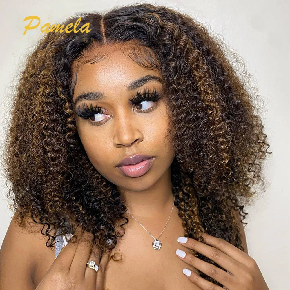 Ombre Blonde Wear and Go Glueless Short Curly 250% Dichte Echthaar Perücken Princess Hair Ready To Wear Lace Frontal Perücken