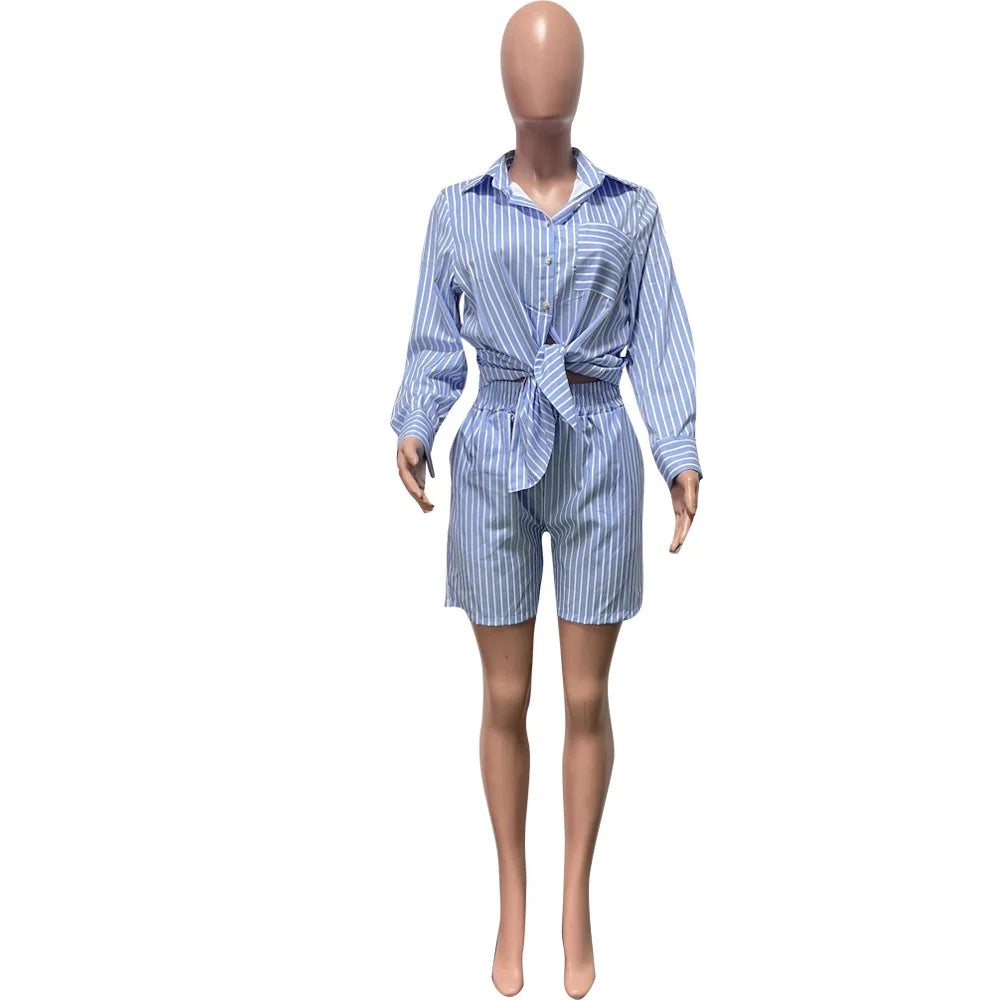 Two Piece Short Sets Women Striped Single Breasted Cardigan Blouses Shorts Elastic Waist Shirt Suit Casual Outwear Summer