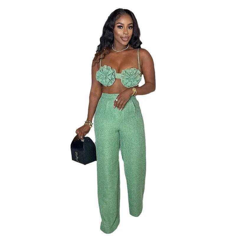 Pants Sets Women Sexy Camisole Top Straight Trousers 2 Piece Suit 3d Flower Backless Spaghetti Strap Tops Summer Outfits 2026