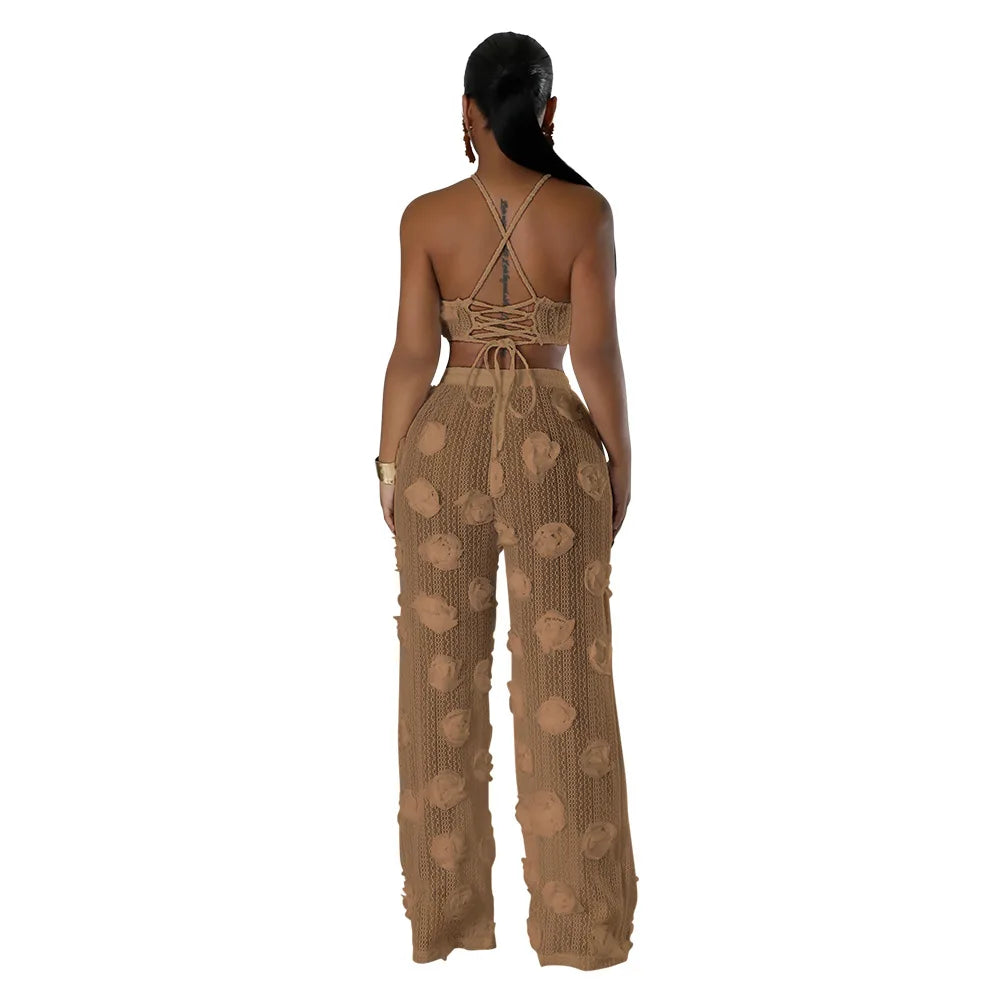 Women Two Piece Pant Sets Sexy Hollow Out Vest Sleeveless Tanks Tops Splice Long Pants Drawstring Streetwear Summer 2025