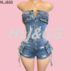 HLJ&GG Blauer sexy Denim Pocket Cargo Bodycon Romper Damen schulterfrei ärmellos rückenfrei schmaler Jumpsuit Fashion Cowboy Playsuit