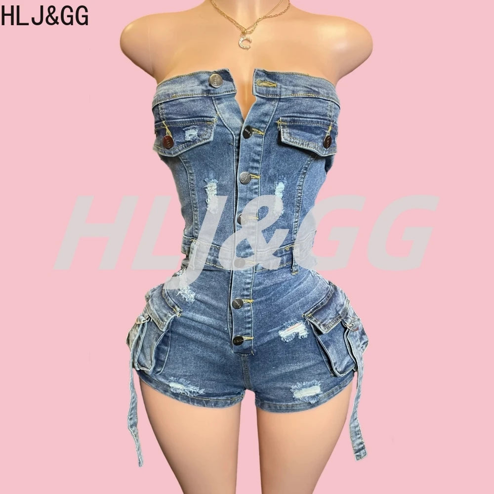 HLJ&GG Blauer sexy Denim Pocket Cargo Bodycon Romper Damen schulterfrei ärmellos rückenfrei schmaler Jumpsuit Fashion Cowboy Playsuit