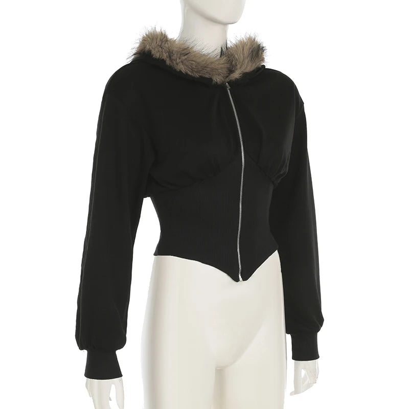 BIIKPIIK Pelzkragen Kapuzenmäntel für Damen Lässiger Reißverschluss Slim Hoodies Einfache All-match Schwarz Harajuku Mantel Herbst Winter Sweatshirts