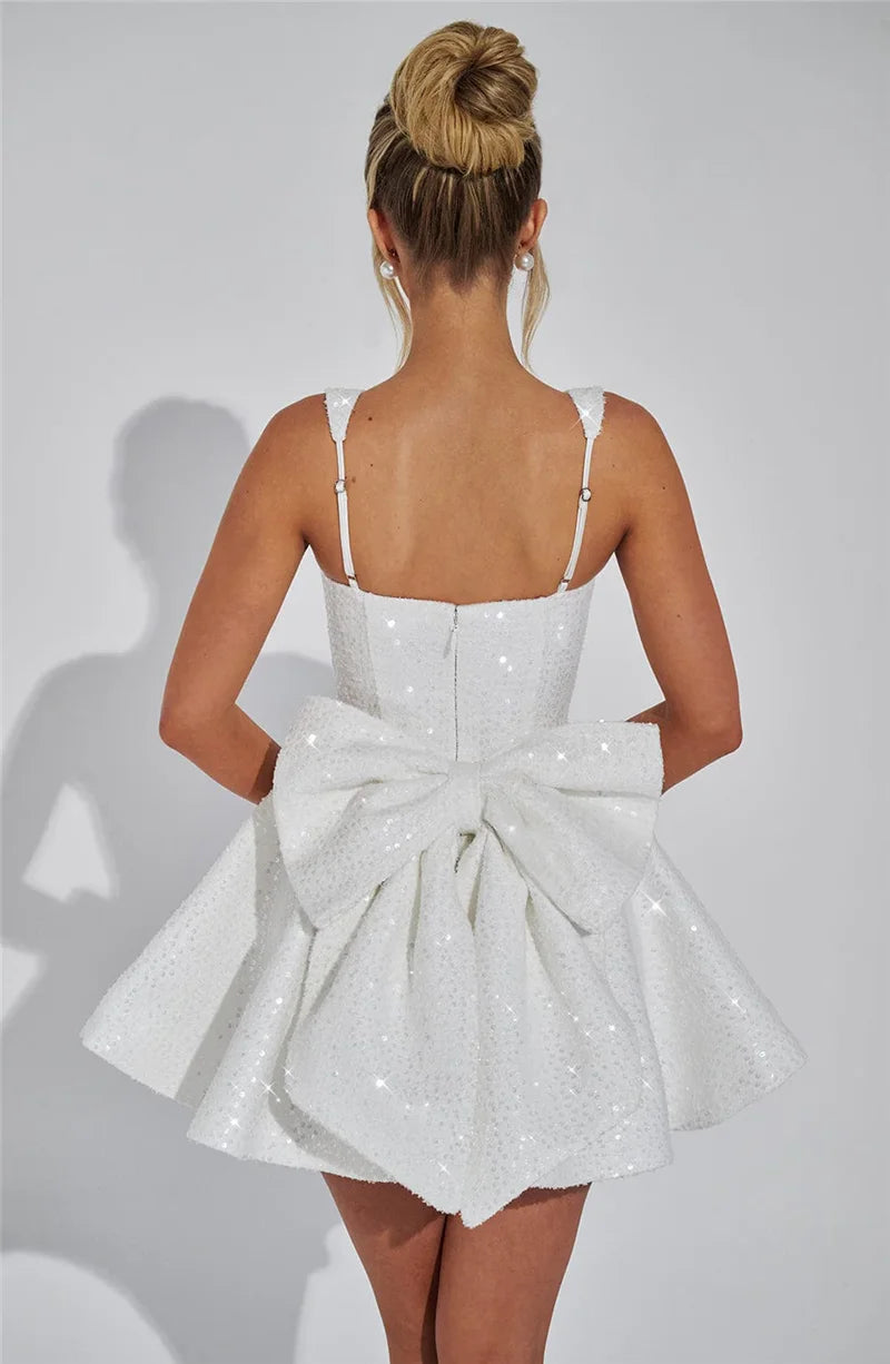 Mozision Pailletten-Kleid mit Schleife am Rücken, rückenfrei, sexy Mini-Kleid für Damen, modisches Etuikleid mit eckigem Ausschnitt, ärmellos, hohe Taille, A-Linie, Clubkleid