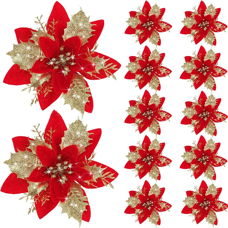 5 Stück 14,5 cm Glitzer künstliche Weihnachtsblumen fröhliche Weihnachtsbaumdekoration Neujahrsornamente gefälschte Blumen Weihnachten Natal