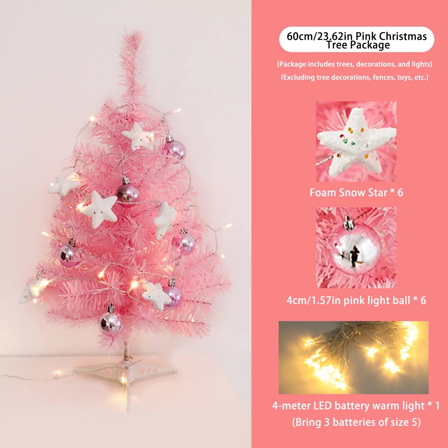 Hot Sale 45/60cm Christmas Tree With lights White/Pink Christmas Tree With Star Christmas Miniature Pine With Ornaments