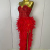 Stock 2025 Women Sexy Sparkly Rhinestone Mesh Feather Long Dress Elegant Evening Party Celebrate Birthday Performance Costume