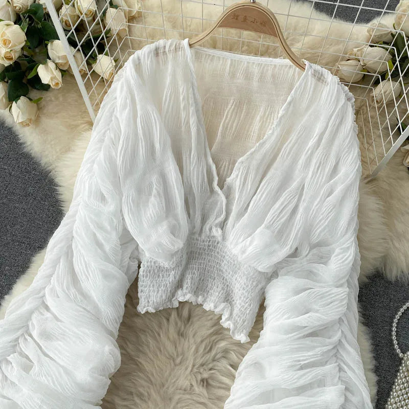 Women Sexy Chiffon Short Blouse Female See Through Super Long Sleeve Blusas Purple/Green/Black/White Folds Party Tops 2022 New