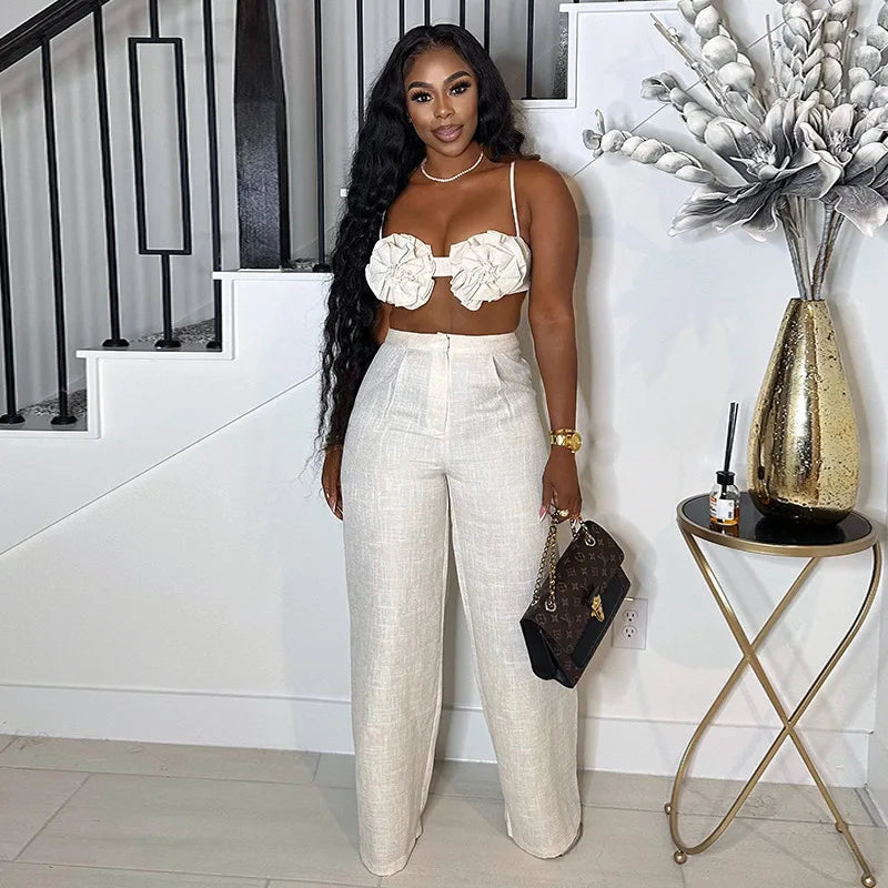 Pants Sets Women Sexy Camisole Top Straight Trousers 2 Piece Suit 3d Flower Backless Spaghetti Strap Tops Summer Outfits 2026