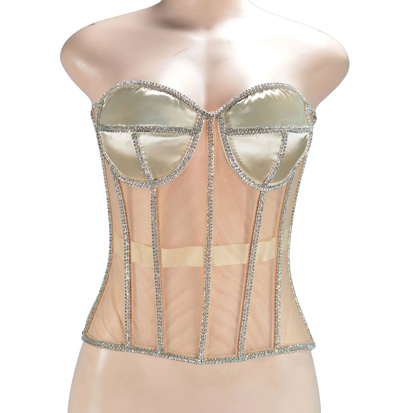 Women Abdomen Corset Crops with Bra Shiny Rhinestone Transparent Breathable Mesh Hand Made Bodices Push Up Bustiers Custom Made