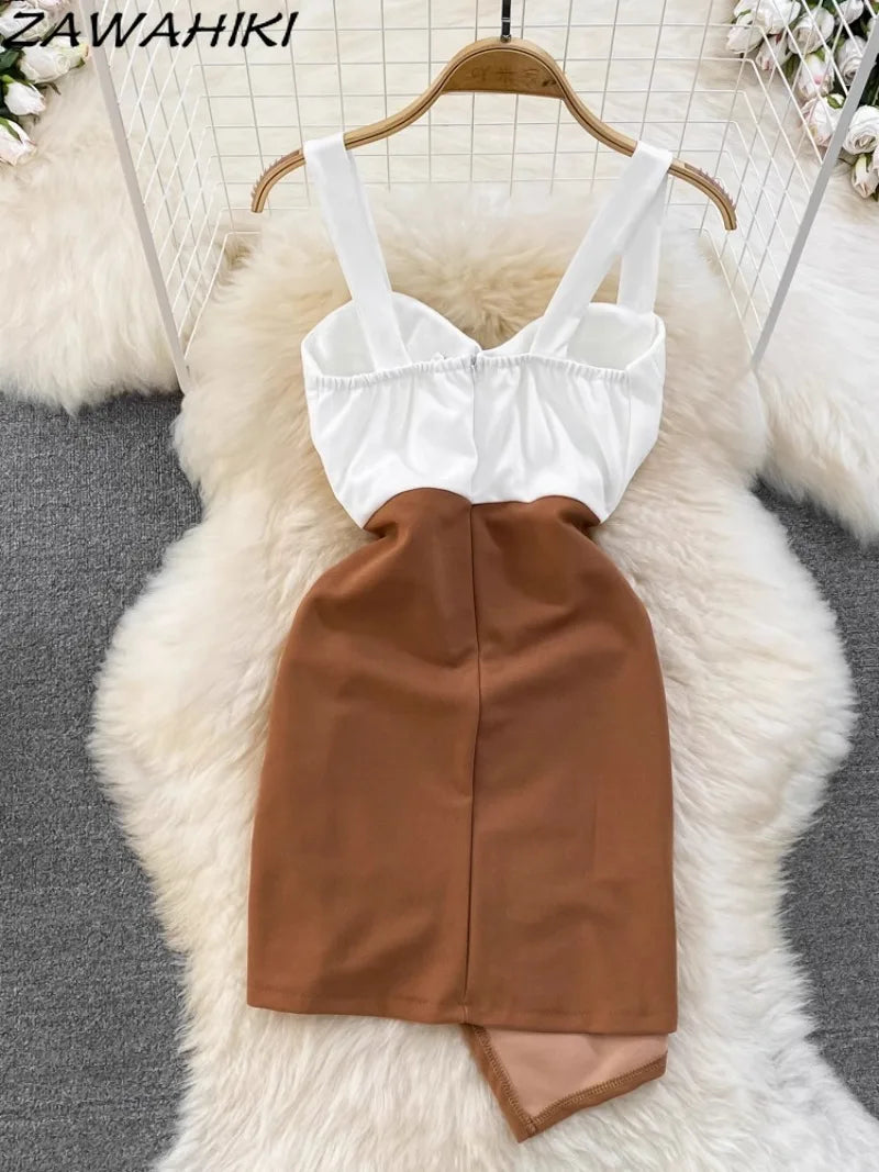 Mode-Trägerkleid Sexy Kontrastfarben-Patchwork Damenkleider Unregelmäßiges Hüftwickelkleid Büro-Dame Koreanische Ropa Mujer