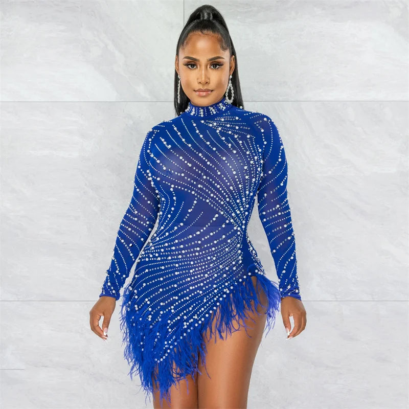 Sexy Perlen Strass Partykleider Damen Eleganz Nachtclub Feder Geburtstagskleid Langarm Mesh Sheer Bodycon Minikleid