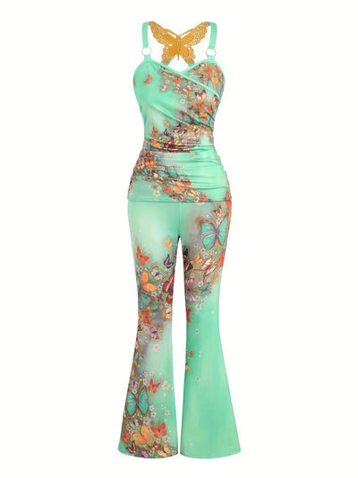 European and American fashion new butterfly lace cross vest and wide-leg trousers two-piece suit