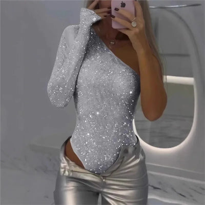 2025 Spice Girls Sexy Pailletten-Top, One-Shoulder, eng anliegend, mit Strasssteinen, einfarbig, Silber, einteilig, Mode, Party, Nachtclub, Sommer-Top