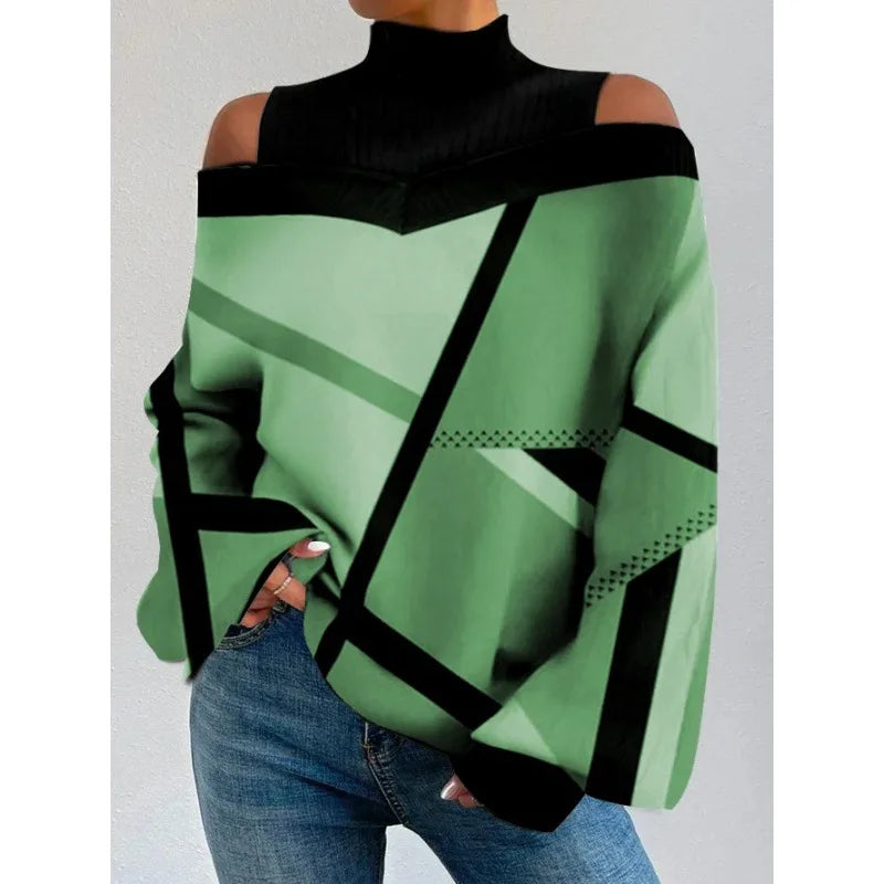 2024Damen Langarm Rollkragenpullover Damen Sexy schulterfrei ausgehöhlte lockere bedruckte T-Shirts 2024 Herbst Mode T-Shirt Top